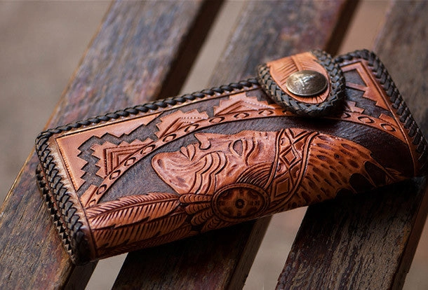 Handmade brown coffee leather indian carved biker wallet bifold long wallet for men
