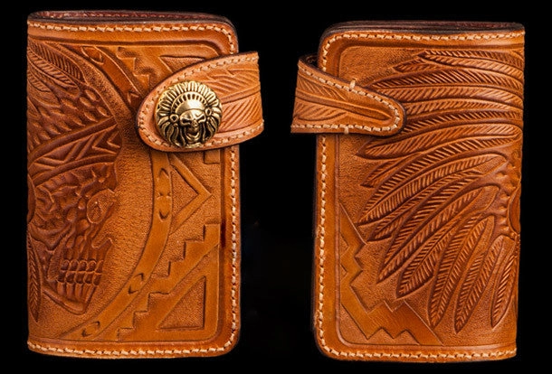Handmade brown leather indian skull carved biker wallet bifold billfold wallet for men