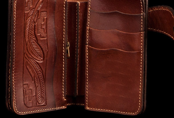 Handmade brown leather indian skull carved biker wallet bifold billfold wallet for men