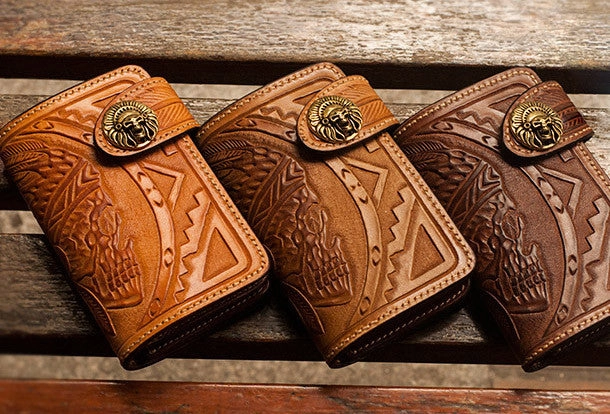 Handmade brown leather indian skull carved biker wallet bifold billfold wallet for men