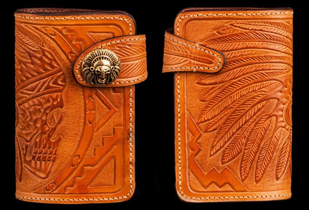 Handmade brown leather indian skull carved biker wallet bifold billfold wallet for men