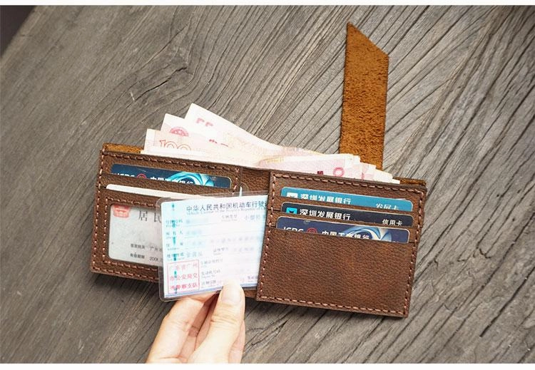 Handmade Brown Leather Mens Bifold Billfold Wallets Slim Small Wallet for Men