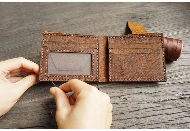 Handmade Brown Leather Mens Bifold Billfold Wallets Slim Small Wallet for Men