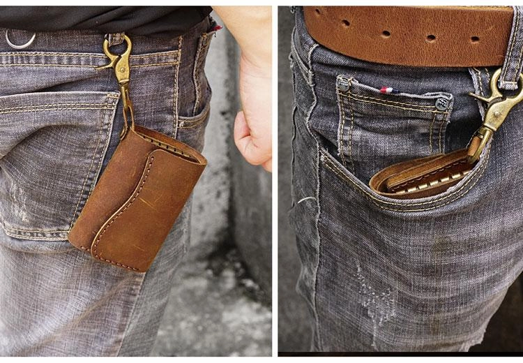 Handmade Brown Leather Mens Billfold Wallet Key Wallets Slim Trifold Key Holder Wallet for Men