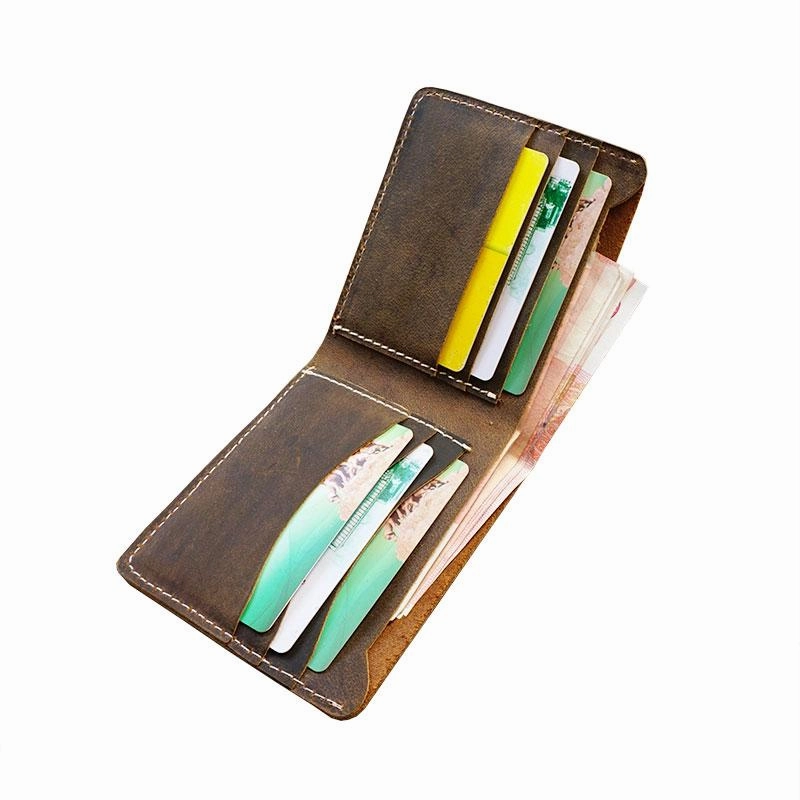 Handmade Brown Leather Mens Billfold Wallet Slim Brown Bifold Small Wallet for Men