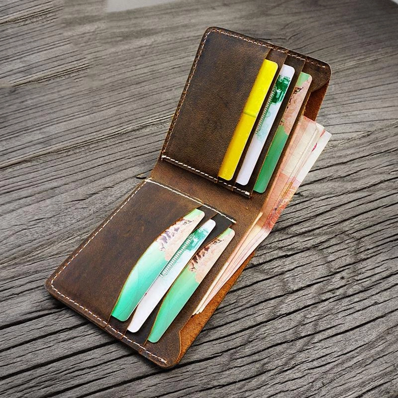 Handmade Brown Leather Mens Billfold Wallets Slim Brown Bifold Small Wallet for Men