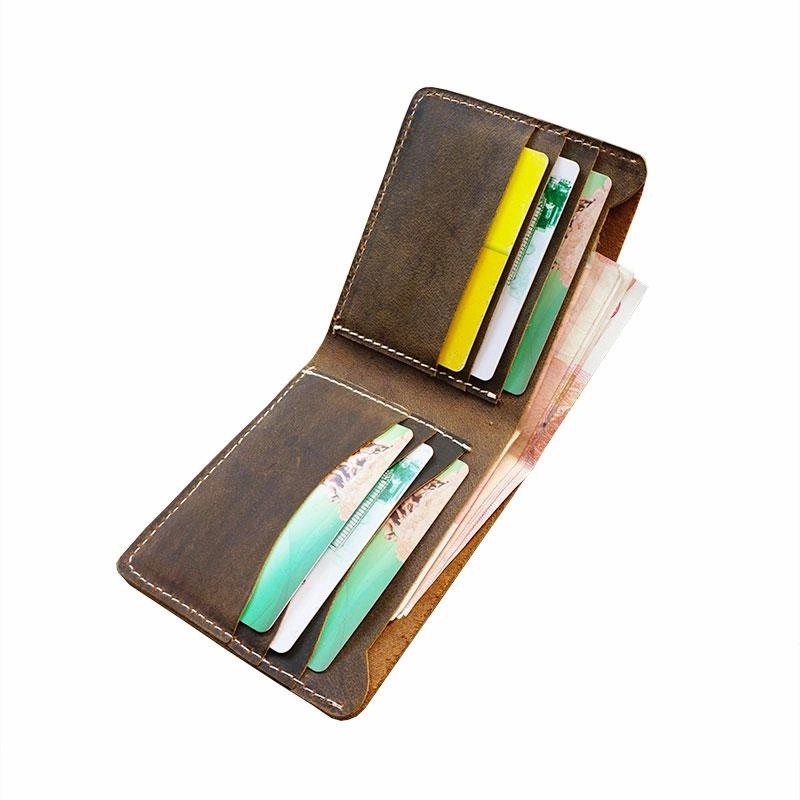 Handmade Brown Leather Mens Billfold Wallets Slim Brown Bifold Small Wallet for Men