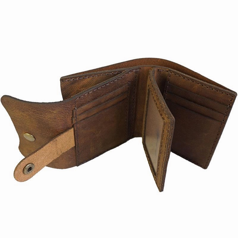 Handmade Brown Leather Mens Trifold Billfold Wallet With Coin Pocket Short Blue Small Wallet for Men