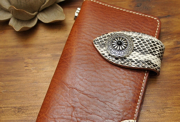 Handmade coffee brown biker wallet snake skin leather with chain Long wallet purse for men
