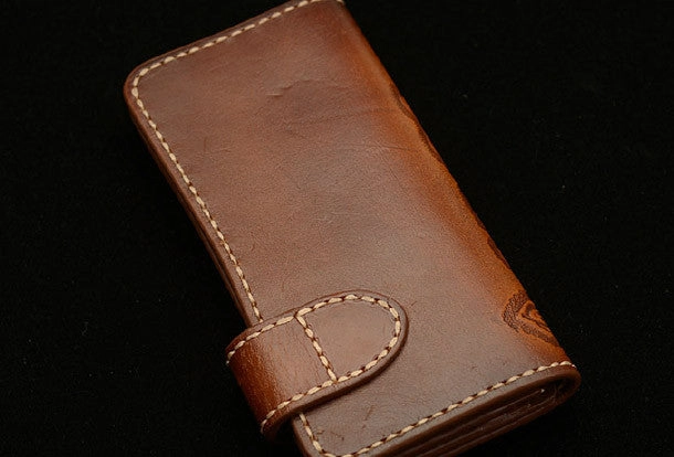 Handmade coffee leather Skull dragon carved biker wallet bifold Long wallet for men