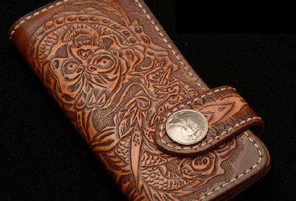 Handmade coffee leather Skull dragon carved biker wallet bifold Long wallet for men