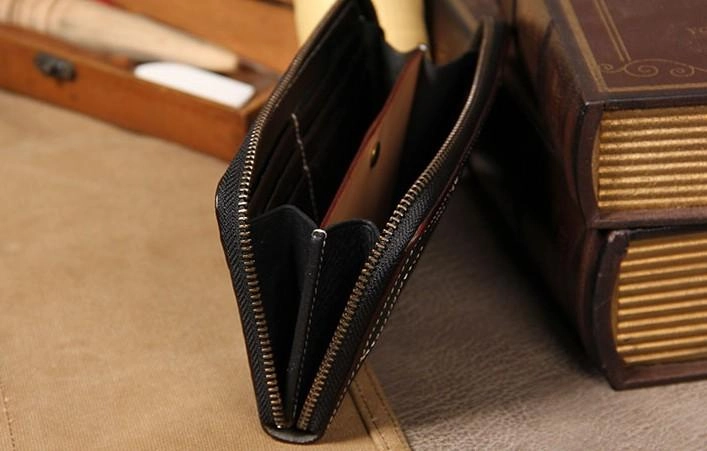 Handmade Cool Leather Black Mens Long Wallet Vintage Zipper Long Wallet for Men