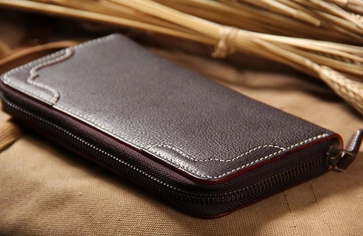 Handmade Cool Leather Black Mens Long Wallet Vintage Zipper Long Wallet for Men