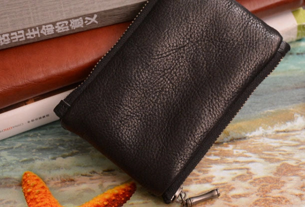 Handmade Genuine Leather Slim Zip Wallet billfold Wallet Coin Purse Bag For Mens
