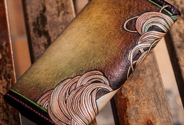 Handmade leather Beauty biker wallet clutch long wallet brown leather men Tooled