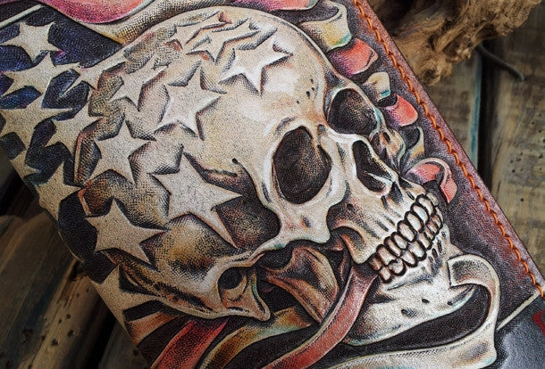 Handmade leather Biker trucker long American skull wallet leather  men Black Carved Tooled wallet