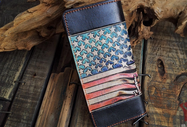 Handmade leather Biker trucker long American skull wallet leather  men Black Carved Tooled wallet