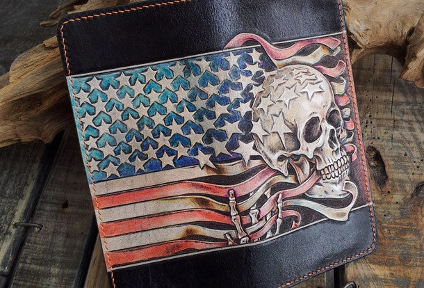 Handmade leather Biker trucker long American skull wallet leather  men Black Carved Tooled wallet