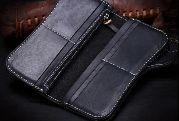 Handmade leather biker trucker Long Ganesha wallet leather chain men Brown Tooled wallet