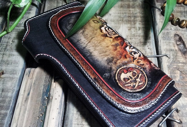 Handmade leather Biker wallet trucker wallet chain wallet long skull wallets leather men Black Tooled wallet