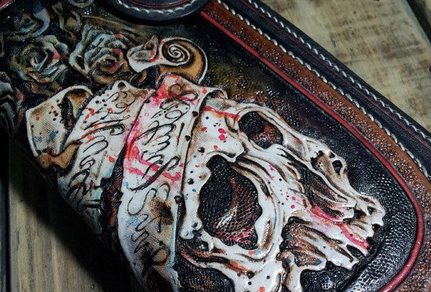 Handmade leather Biker wallet trucker wallet chain wallet long skull wallets leather men Black Tooled wallet