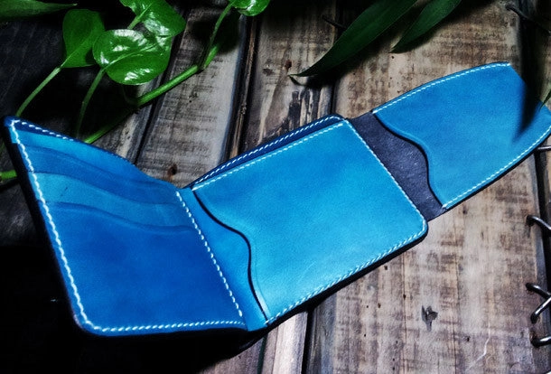 Handmade leather billfold blue skull wallet leather men Black Carved Tooled wallet