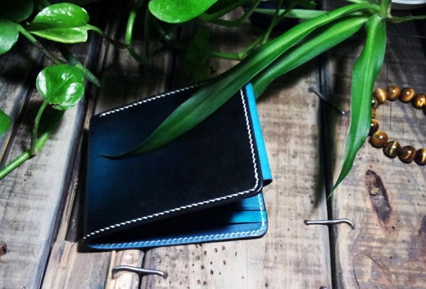 Handmade leather billfold blue skull wallet leather men Black Carved Tooled wallet