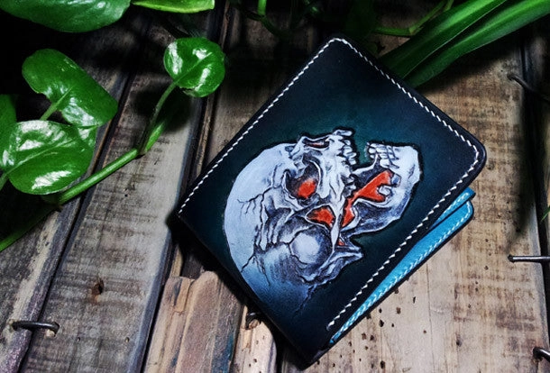 Handmade leather billfold blue skull wallet leather men Black Carved Tooled wallet