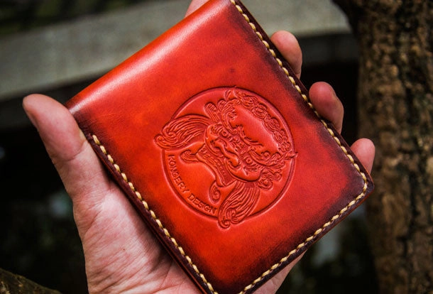 Handmade leather billfold lion wallet clutch zip long wallet brown leather men
