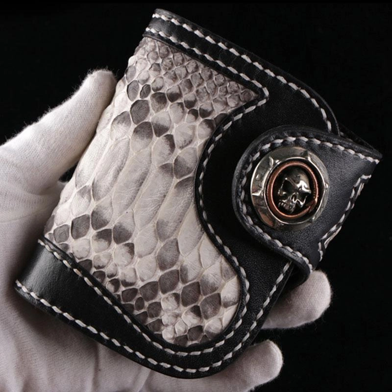 Handmade Leather billfold Mens Chain Biker Wallet Cool Boa Skin Wallet With Chain Wallets for Men