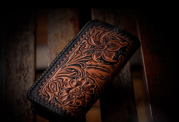 Handmade leather brown black floral skull carved biker wallet bifold long wallet for men