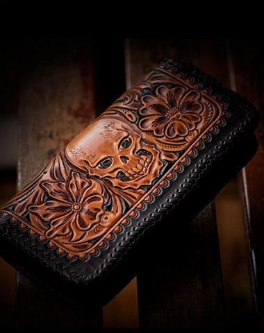 Handmade leather brown black floral skull carved biker wallet bifold long wallet for men