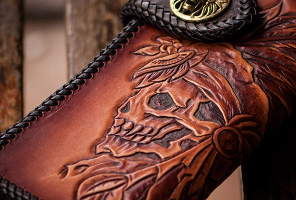 Handmade leather brown indian skull carved biker wallet bifold long wallet for men