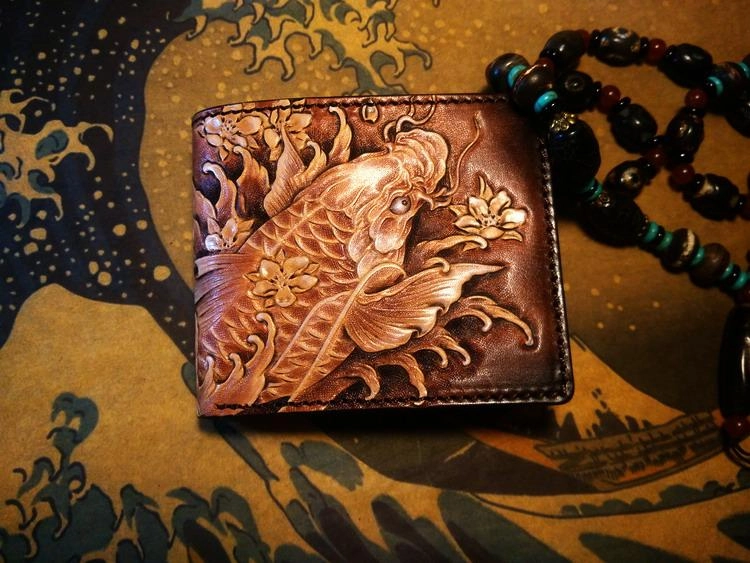 Handmade Leather Carp Fish Tooled Mens billfold Wallet Cool Leather Wallet Slim Wallet for Men