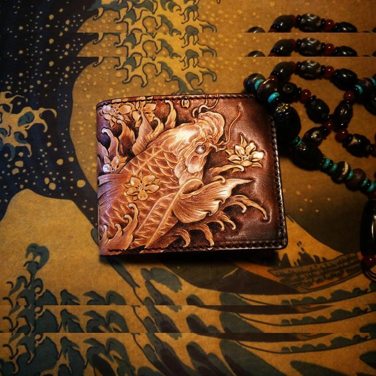 Handmade Leather Carp Fish Tooled Mens billfold Wallet Cool Leather Wallet Slim Wallet for Men