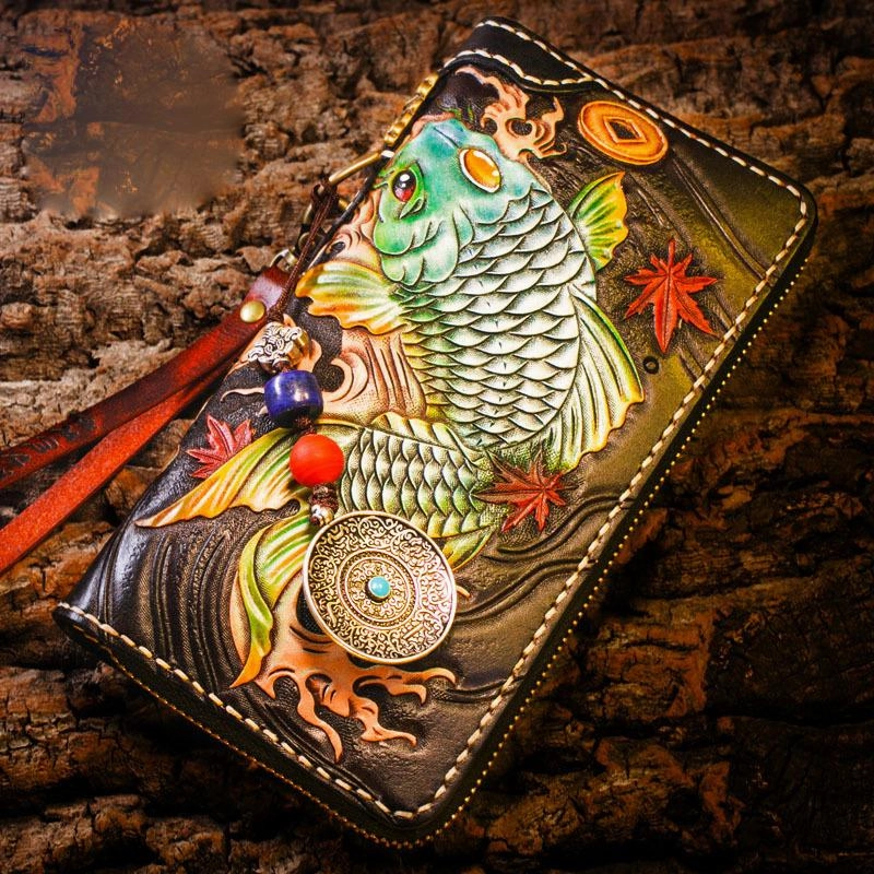 Handmade Leather Carp Mens Chain Biker Wallet Cool Leather Long Wallet for Men