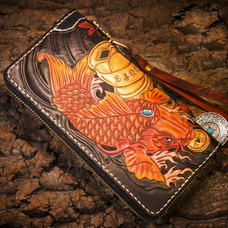 Handmade Leather Carp Mens Chain Biker Wallet Cool Leather Long Wallet for Men
