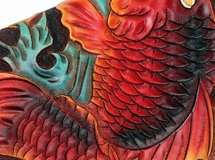 Handmade Leather Carp Mens Zipper Biker Wallet Cool Leather Chain Wallet Long Tooled Wallets for Men