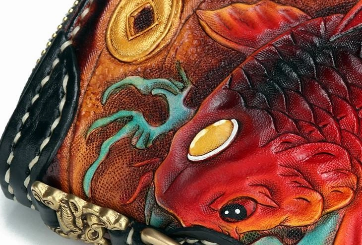 Handmade Leather Carp Mens Zipper Biker Wallet Cool Leather Chain Wallet Long Tooled Wallets for Men