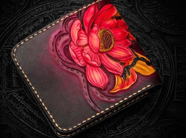 Handmade Leather Carp Tooled Mens Small Wallet Cool Leather Wallet billfold Wallet for Men