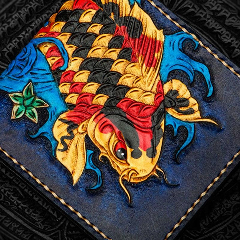 Handmade Leather Carp Tooled Mens Small Wallet Cool Leather Wallet billfold Wallet for Men