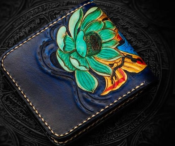 Handmade Leather Carp Tooled Mens Small Wallet Cool Leather Wallet billfold Wallet for Men