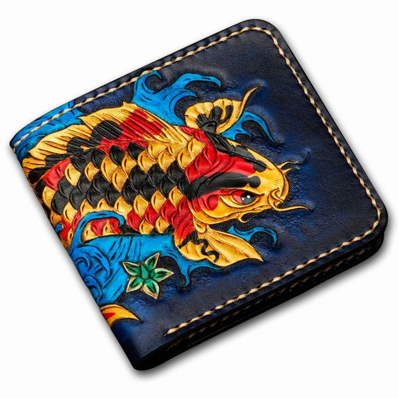 Handmade Leather Carp Tooled Mens Small Wallet Cool Leather Wallet billfold Wallet for Men