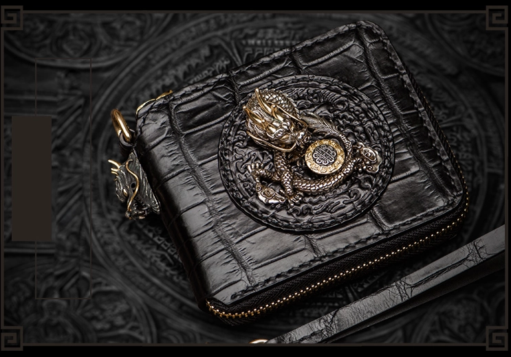 Handmade Leather Chinese Dragon Tooled Mens billfold Wallet Cool Chain Wallet Biker Wallet for Men