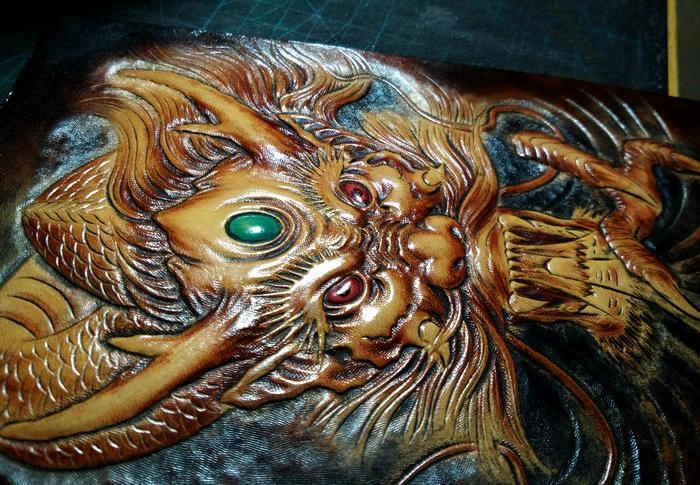 Handmade Leather Chinese Dragon Zipper Mens Long Wallet Clutch Cool Leather Wallet Long Tooled Wallets for Men