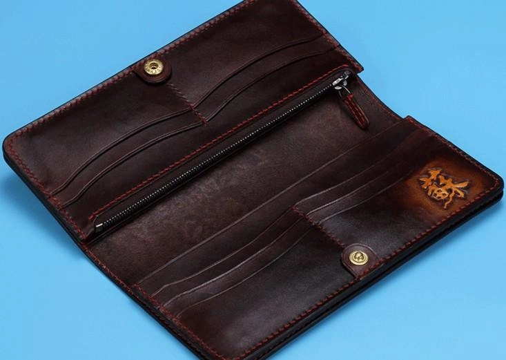 Handmade Leather Chinese Lion Mens Tooled Chain Biker Wallet Cool Long Leather Wallet With Chain Wallets for Men