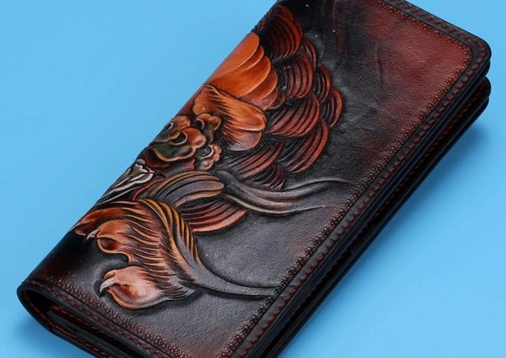 Handmade Leather Chinese Lion Mens Tooled Chain Biker Wallet Cool Long Leather Wallet With Chain Wallets for Men