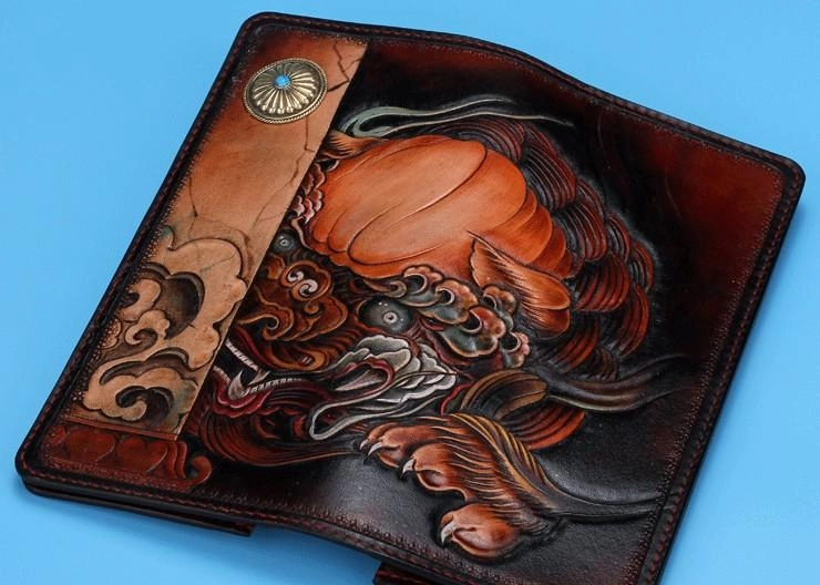 Handmade Leather Chinese Lion Mens Tooled Chain Biker Wallet Cool Long Leather Wallet With Chain Wallets for Men