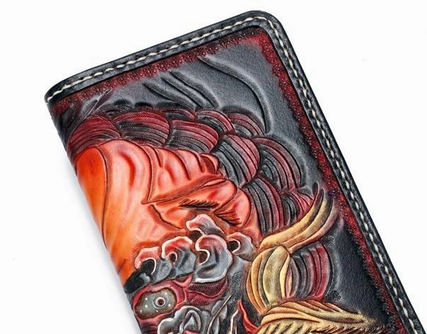 Handmade Leather Chinese Lion Mens Tooled Chain Biker Wallets Cool Long Leather Wallet With Chain Wallets for Men