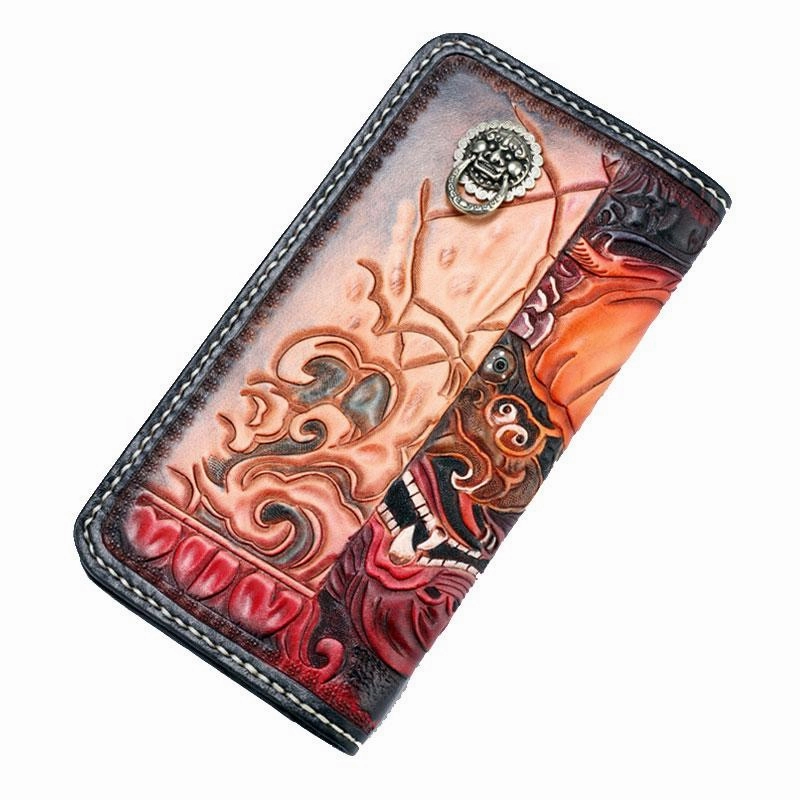 Handmade Leather Chinese Lion Mens Tooled Chain Biker Wallets Cool Long Leather Wallet With Chain Wallets for Men